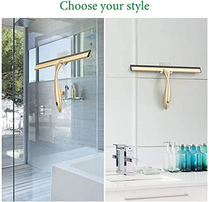OPERNEE Shower Squeegee with Self Adhesive Hook, 10 Inches Stainless Steel Squeegee Cleaner, All-Purpose Window Scraper for Bathroom Doors, Mirror, Windows and Car Glass, Brushed Gold