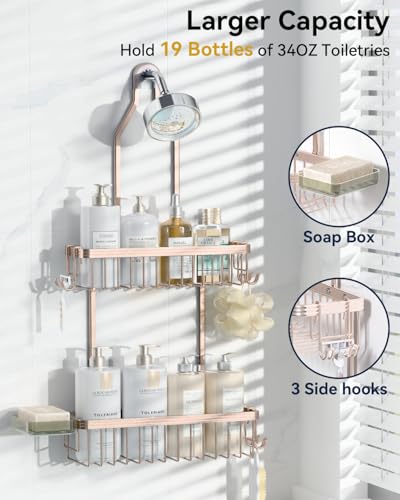 Never Rust Shower Caddy Hanging, Aluminum Shower Racks for Inside Shower, 2-Tier Shower Organizer Hanging Over Shower Head with Hooks and Soap Holder, Rose Gold - color: Rose Gold