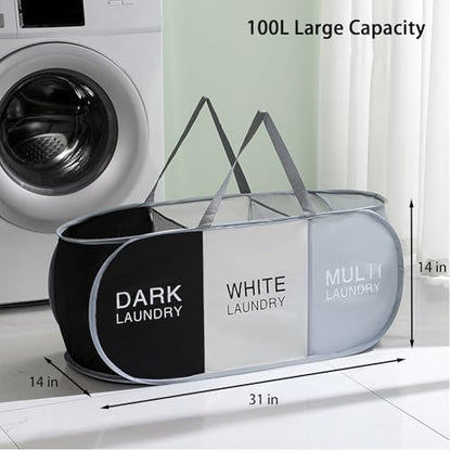 Pop Up Laundry Hamper 3 Section, Collapsible Laundry Basket with Carry Handles for Home, Laundry Room, Bedroom, Dorm, RV Travel (Black & Grey & Beige - 3 Compartments)