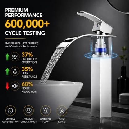 VOTON Vessel Sink Faucet Chrome Modern Tall Waterfall Bathroom Sink Faucet with Pop-Up Drain Single Handle Bathroom Faucet 1 Hole Bowl Lavatory Vanity Faucet, Rv Sink Camper Farmhouse Bathroom Faucet - color: Chrome, size: Tall