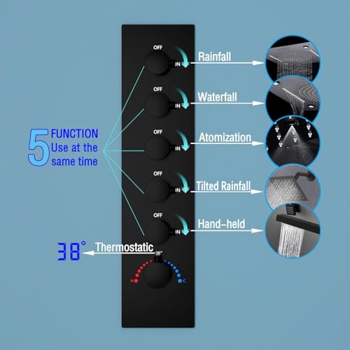 Enga Luxury Dual Shower Head System LED Thermostatic Shower System with 6 inch Wall Shower, 20-Inch 3 Function Shower Head (Rainfall & Mist & Waterfall), Matte Black - color: Matte Black, style: 20" Head (Rain + Mist+Waterfall) - 6" Head