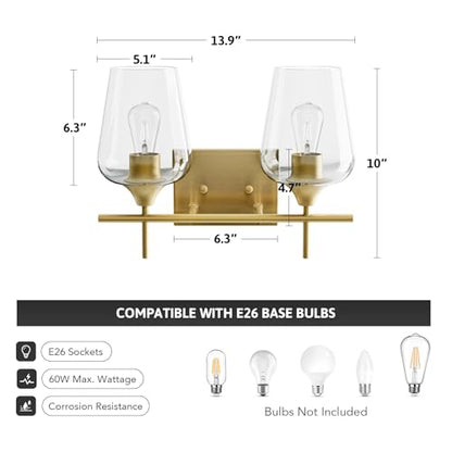 VONLUCE 2 Light Bathroom Vanity Light Fixture,Brushed Gold | Wine Glass Shades, E26 Sockets, Easy to install, Vanity Lights for Bathroom Bedroom Hallway Living Room - color: Gold, size: 2-Light
