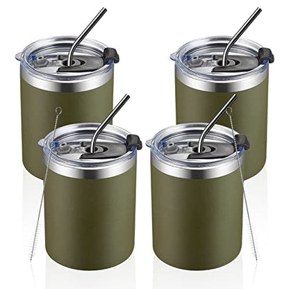MEWAY 12 oz Lowball, Tumbler Stainless Steel Double Wall Vacuum Insulated Mug with Straw and Lid, Cleaning Brush ，Durable Powder Coated Insulated Coffee Cup for Cold & Hot Drinks (Army Green,4 pack) - color: Army Green