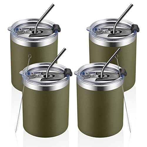 MEWAY 12 oz Lowball, Tumbler Stainless Steel Double Wall Vacuum Insulated Mug with Straw and Lid, Cleaning Brush ，Durable Powder Coated Insulated Coffee Cup for Cold & Hot Drinks (Army Green,4 pack) - color: Army Green