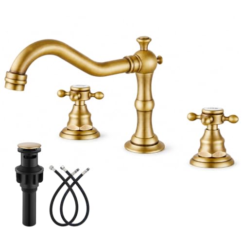 gotonovo Bathroom Faucet 3 Hole Vintage, Antique Brass, Hot Cold Label | Widespread Bathroom Sink Faucet 8 Inch 2 Cross Handles,Pop Up Drain,cUPC Supply Line,4-15.7” Install,for Vanity Farmhouse RV - color: Antique Gold