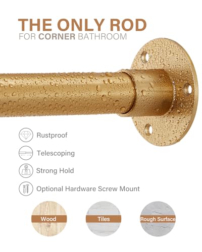 Corner Shower Curtain Rod, [24"-37"] x [24"-37"] Adjustable L Shaped Shower Rod No-Sagging Square 90 Degree Curved Curtain Rod for Bathroom with 12 Hooks & Ceiling Support - Gold - size: 24"-37" x 24"-37"