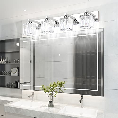 Aipsun Bathroom Light Fixtures Crystal Modern Vanity Lighting Fixtures 4 Light Chrome Bathroom Vanity Light (Exclude Bulb) - color: Chrome, size: 32 inch