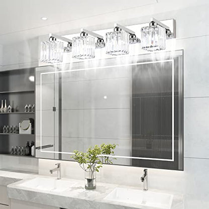Aipsun Bathroom Light Fixtures Crystal Modern Vanity Lighting Fixtures 4 Light Chrome Bathroom Vanity Light (Exclude Bulb) - color: Chrome, size: 32 inch