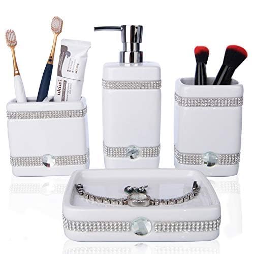 CAA'S Bathroom Accessories Set Ceramic 4 Pieces Bathroom Ensemble for Bath Decor Includes Lotion Dispenser Toothbrush Holder Tumbler Soap Dish (White Inlaid Zircon) - style: Luxurious