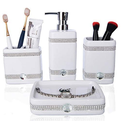 CAA'S Bathroom Accessories Set Ceramic 4 Pieces Bathroom Ensemble for Bath Decor Includes Lotion Dispenser Toothbrush Holder Tumbler Soap Dish (White Inlaid Zircon) - style: Luxurious