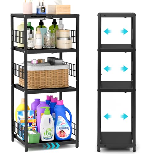 DAOUTIME Expandable Slim Storage Shelf, 4 Tier Metal Shelving Unit for Bathroom Storage Organizer, Freestanding Narrow Shelf for Small Spaces, Open Floor Shelves for Bathroom, Laundry Room, Kitchen - color: Black, size: 4-tier