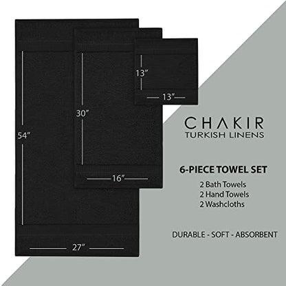 Chakir Turkish Linens 6 Piece Towels Set, 100% Cotton Luxury Turkish Towels for Bathroom, Soft Absorbent Bath Towel Set with 2 Bath Towels 2 Hand Towels 2 Washcloths, Black - color: Black