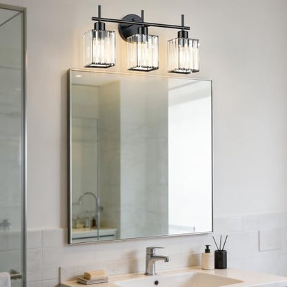 Black Bathroom Light Fixtures, Square, 3-Light | Vanity Lights with Crystal Shades, Modern Bathroom Lighting Fixtures over Mirror (Bulbs Not Included, E26) - color: Black (Square), size: 3-Light