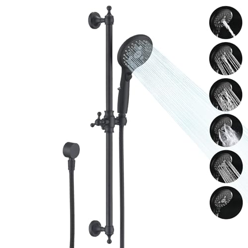 Handheld Shower Head with Slide Bar Combo, 6 Settings Handheld Shower with ON/OFF Pause Switch, Adjustable Height 27.5" Long Slide Bar, Wall Supply Elbow and 6.6ft Shower Hose, Matte Black - color: Matte Black