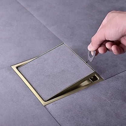TRUSTMI 6 Inch Square Invisible Bathroom Shower Floor Drain with Removable Tile Insert Grate Cover, Brushed Gold, SUS 304 Stainless Steel - size: Tile-Insert