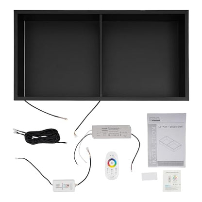 12 * 24In RGB LED Light Shower Niche, 2-Tier Stainless Steel Recessed Storage with Remote Control, Black No Tile Needed Wall Niche for Bathroom Storage Built-in Installation (12x24in RGB) - size: 12x24in RGB