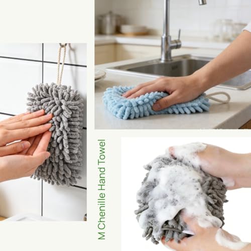 Microfiber Chenille Hand Towel, Soft Hanging Absorbent Quick Dry Towels 2Pcs Kitchen, Bathroom Hand Drying Cleaning with Creative Decoration Towel Set. (Grey+Blue)