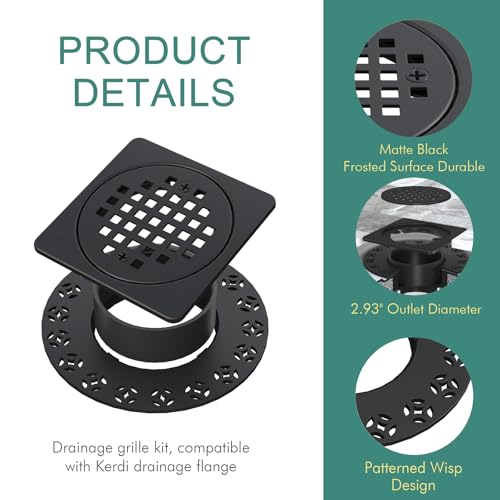 4 Inch Drain Grate Kit, Square Shower Floor Drain SS304 Stainless Steel | Compatible with Schluter Kerdi Drain Flange, Height Adjustment Collar and Ring - Matte Black - color: Matte Black