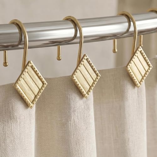 Brass Gold Shower Curtain Hooks: 12PCS Geometric Bathroom Curtain Rings | Elegant Rust Proof Metal Diamond Shower Hooks, Stylish Decorative Curtain Rod Hangers for Modern Bathroom Decor - color: Gold