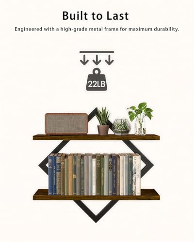 Floating Shelves for Wall, Set of 2 Wall Shelves, 2-Tier Hanging Shelve | Wood & Metal Wall Mounted Display Shelves, Decorative Wall Shelves for Living Room, Bedroom, Kitchen & Bathroom, Rustic Brown - size: 2-Pack