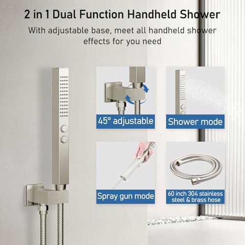 STARBATH Shower Faucet Set Shower System with Diverter Valve Brushed Nickel | 12 Inch Ceiling Mount Rain Shower Head, 6 Inch Wall Mount Rainfall Shower Head and 2-in-1 Handheld Spray for Two Person - color: Brushed Nickel, size: 12"+6"-03