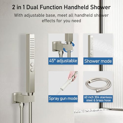 Shower Faucets Sets Brushed Nickel Shower System,12" Ceiling Rainfall Shower and 6" Wall Mount with 2 in 1 Handhled, Can Use All at Once, Thermostatic Shower Set with Valve and Trim Kit - color: Brushed Nickel, size: 6+12 inch-11