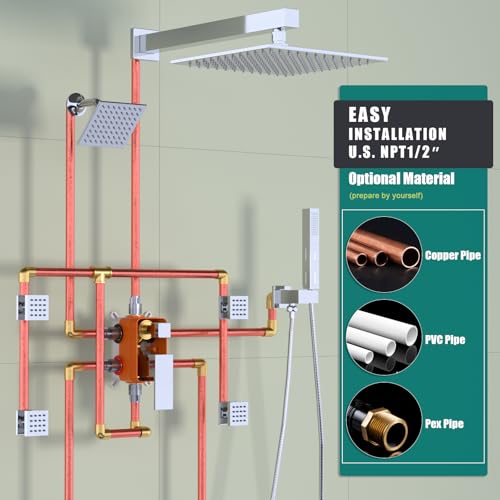 Enga Dual Heads Shower System with Body Jets, Shower Faucet Set 10 Inch Rainfall with 6 Inch Showerhead, 4 Body Jets with 2 in 1 Handheld Spray, Chrome - color: Chrome, style: Wall-10"+6"+4Jets