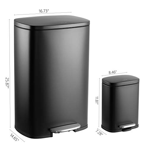 happimess Connor 2-Piece Stainless Steel Trash Can, Charcoal Black | 13.2 and 1.3 Gallons, Rectangular, Soft-Close Lid, Fingerprint Resistant, Step Pedal, 20 Liners, 26" and 12" Height - color: Black