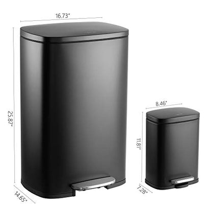 happimess Connor 2-Piece Stainless Steel Trash Can, Charcoal Black | 13.2 and 1.3 Gallons, Rectangular, Soft-Close Lid, Fingerprint Resistant, Step Pedal, 20 Liners, 26" and 12" Height - color: Black