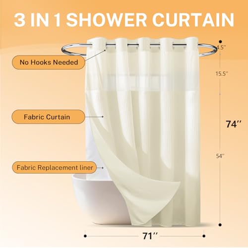 River Dream No Hooks Shower Curtain with 2 Snap in Liner, Cream, 71Wx74H | Waffle Weave, 1 Attached Snap in Liner and 1 Extra Replacement Liner, Bathroom Curtains Shower Set, Hotel Grade, Spa Like - color: Cream