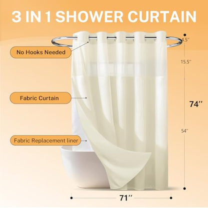 River Dream No Hooks Shower Curtain with 2 Snap in Liner, Cream, 71Wx74H | Waffle Weave, 1 Attached Snap in Liner and 1 Extra Replacement Liner, Bathroom Curtains Shower Set, Hotel Grade, Spa Like - color: Cream
