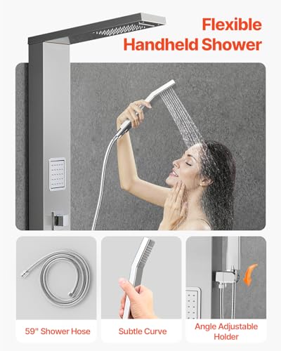 VEVOR Shower Panel Tower System with Rainfall Waterfall Shower Head, 53 in Brushed Stainless Steel Shower Column, 5-Function Faucet, Wall-Mount Rain Massage System with 2 Body Jet, Handheld, Tub Spout
