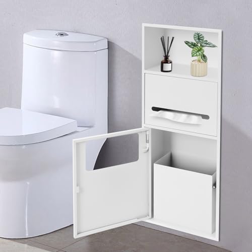 White Recessed Toilet Paper Holder, Shower Niche 304 Stainless Steel | Bathroom Trash Can Holder Cabinets, Wall-Inserted Niche Recessed Large Capacity 44Lbs for Bathroom Storage-11.02x5.31x27.56in - color: White