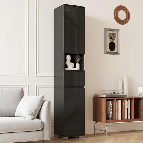 MHOM High Glossy Slim Bathroom Cabinet. 66.9" Tall Storage Cabinet with Drawer and Adjustable Shelves, Narrow Linen Cabinet for Bathroom, Laundry, and Living Room, Black - color: Black