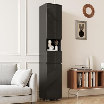 MHOM High Glossy Slim Bathroom Cabinet. 66.9" Tall Storage Cabinet with Drawer and Adjustable Shelves, Narrow Linen Cabinet for Bathroom, Laundry, and Living Room, Black - color: Black