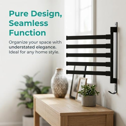 Black Aluminum Swivel Towel Bar, Wall Mounted 180 Degree Rotating Multi-Arm Towel Rack with Bottom Hook for Bathroom Kitchen(5-Arm) - size: 5-Arm