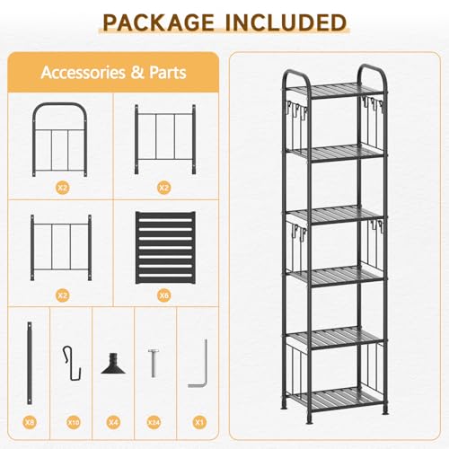 PouHenier.jh Tall Metal Narrow Skinny Shelf Unit for Bathroom, 6 Tier Black | Free Standing, Thin Shelving for Pantry or Kitchen, Slim Open Tower Rack, with 10 Hooks, Space Saving, No Tools Assembly