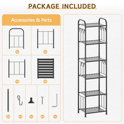 PouHenier.jh Tall Metal Narrow Skinny Shelf Unit for Bathroom, 6 Tier Black | Free Standing, Thin Shelving for Pantry or Kitchen, Slim Open Tower Rack, with 10 Hooks, Space Saving, No Tools Assembly