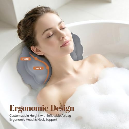 Silicone Bath Pillow for Tub Travel Inflatable Head Neck Support | Easy to Clean, Quick-Drying, No Machine Wash Needed, Non-Slip Suction Cups, Ergonomic, Gifts for Women, Gray - color: Gray