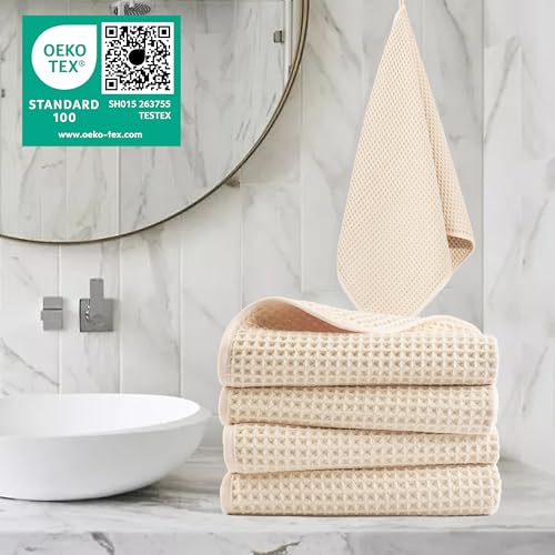 POLYTE 430 GSM Poly Blend Microfiber Quick Dry Waffle Hand Towel, 16x30 in | 4 Pack, Oversize, Lint Free, Quick Dry, Hanging Loop - color: Light Beige
