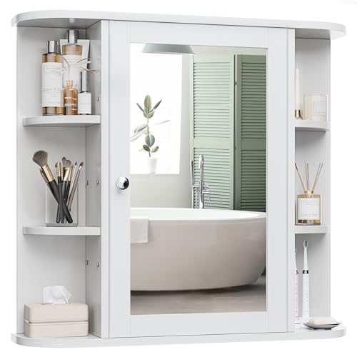 Bathroom Medicine Cabinet, Bathroom Mirror Cabinet Wall Mounted with 6 Side Open Shelves, White Wall Cabinet with Mirror, White - color: White