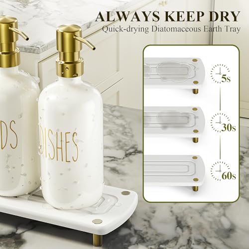 Cisily Kitchen Soap Dispenser Set Comes with Ceramics Sponge Holder, Gold Pumps, and Instant Dry Tray, Hand and Dish Soap Dispenser Set (4, Gold + Off White + Sponge Holder) - color: Gold + Off White + Sponge Holder