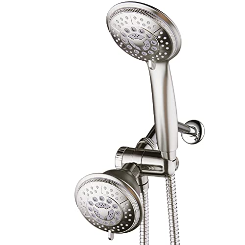 High Pressure 24-Function Dual 2-in-1 Handheld Shower Head Combo | With Self-clean Nozzles, 3-way Anti-swivel Water Diverter, and Premium Stainless Steel Hose / Nickel Finish - color: Brushed Nickel, size: 1.8 Gallons Per Minute