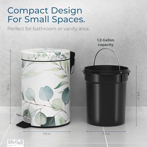 Sanilo Small Bathroom Trash Can with Lid [1.3 Gallon] - Lidded Tiny Trashcan for Garbage - Mini Metal Bin with Soft Closing Mechanism - Bath Room Accessoire Wastebin with Inner Bucket (Eucalyptus) - color: Eucalyptus