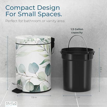 Sanilo Small Bathroom Trash Can with Lid [1.3 Gallon] - Lidded Tiny Trashcan for Garbage - Mini Metal Bin with Soft Closing Mechanism - Bath Room Accessoire Wastebin with Inner Bucket (Eucalyptus) - color: Eucalyptus