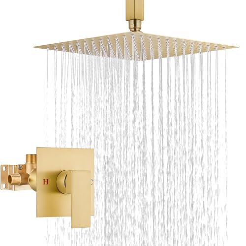 Airuida 10 Inch Brushed Gold Shower Faucet Set,Rainfall Shower System | Ceiling Shower Head,Male Thread Rough-in Valve,Ceiling Mount,Single Handle - color: Brushed Gold, size: 10 Inch