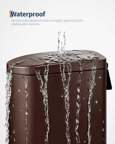 2.6 Gal / 10 L Metal Bathroom Trash Can with Lid, Slim Step-On Garbage Can with Soft Close Lid, Stainless Steel Waterproof Trash Bin for Bedroom with Inner Bucket, Rear Handle, Brown - color: Brown