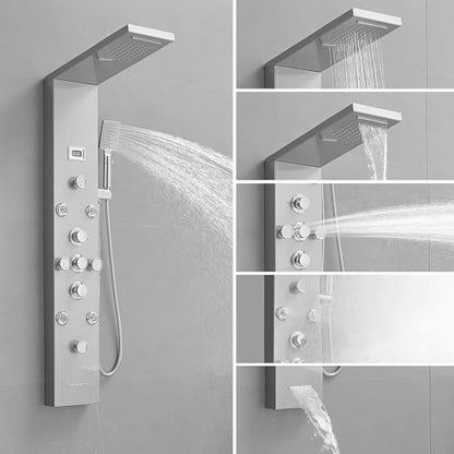 BWE Shower Panel Tower System with Rainfall Waterfall Head | Adjustable Massage Body Jets, Temperature Display Wall Mount Shower Column, Stainless Steel Brushed Nickel and Chrome