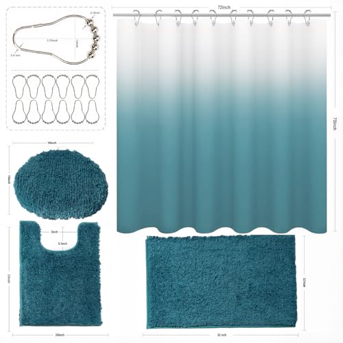 Shower Curtain Sets with Rugs and Adjustable Toilet Seat Cover | 4 Pcs Bondi Blue Bathroom Sets with Shower Curtain and Rugs and Microfiber Toilet Lid Cover - color: Bondi Blue