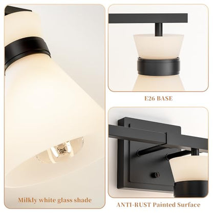 Matte Black Bathroom Vanity Lights, 3-Light Bathroom Light fixtures Over Mirror, Modern Vanity Lighting Fixtures with Frosted Glass Shades E26 Base,Wall Mount Scones for Mirror (Bulbs Not Included) - color: Black